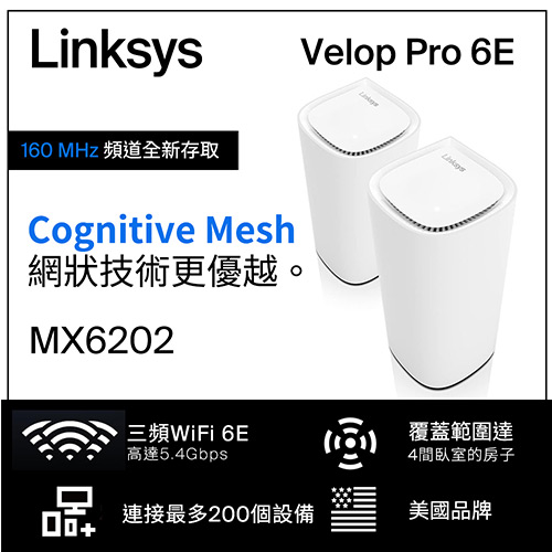 Linksys Velop Pro AXE5400 WiFi 6E 三頻 無線網狀路由器MX6202-AH(兩入)