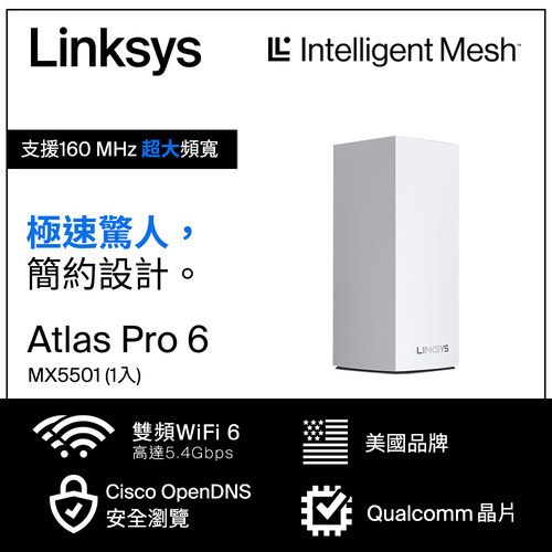 【福利品】Linksys 雙頻 MX5500 網狀路由器(一入) (AX5400)